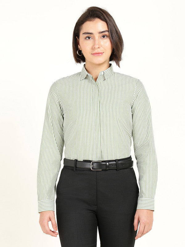 Women White & Green Striped Oxford Weave Pure Cotton Shirt