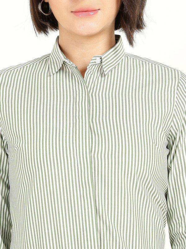 Women White & Green Striped Oxford Weave Pure Cotton Shirt