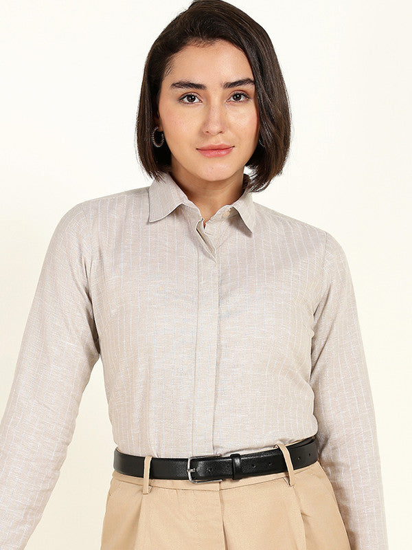 Women Beige Striped Linen Shirt
