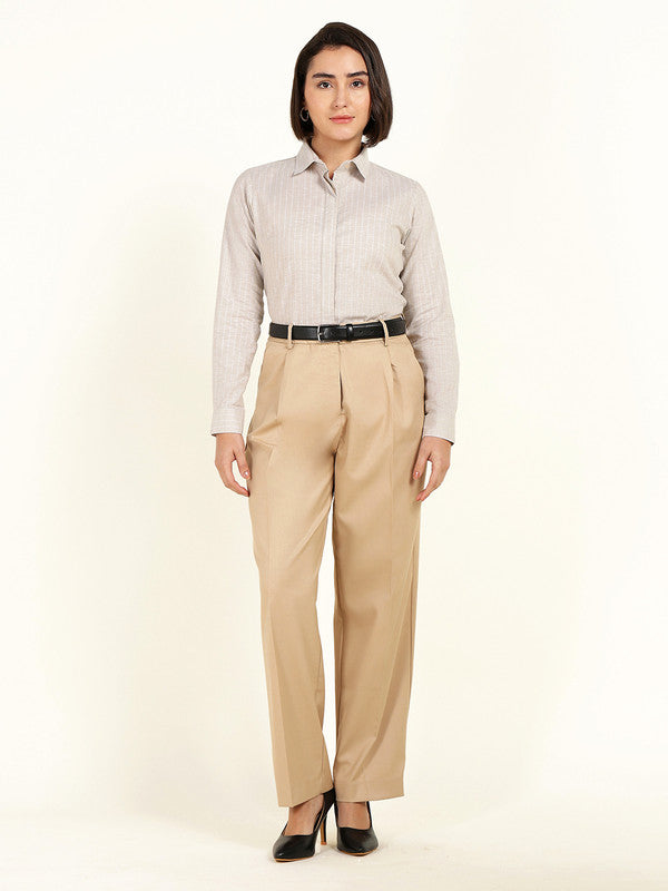 Women Beige Striped Linen Shirt