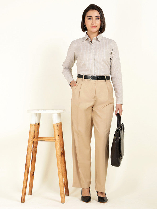 Women Beige Striped Linen Shirt