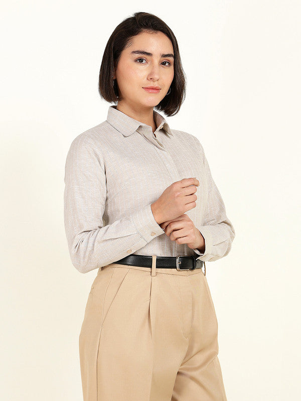 Women Beige Striped Linen Shirt