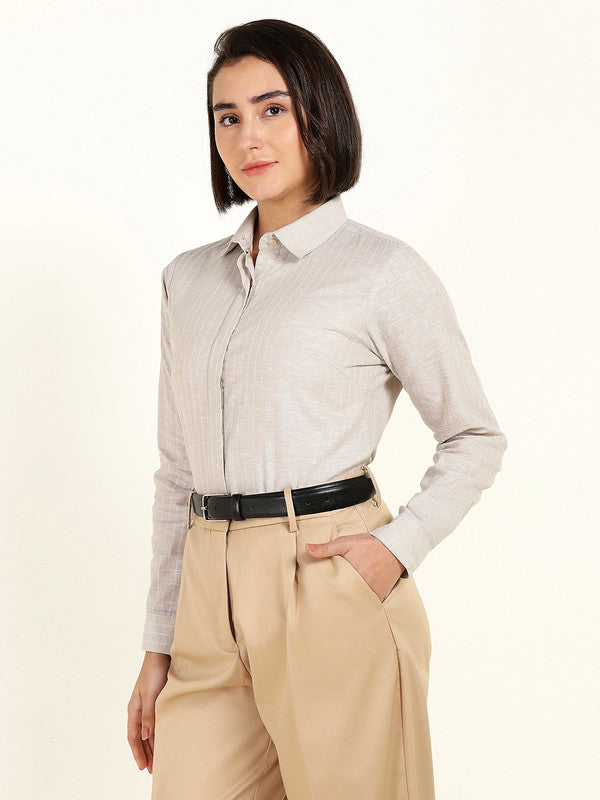 Women Beige Striped Linen Shirt