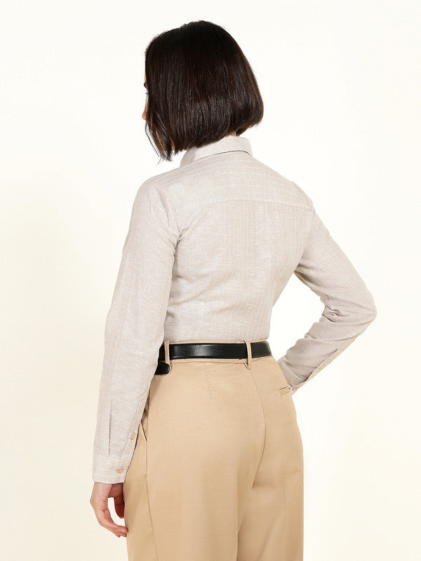 Women Beige Striped Linen Shirt