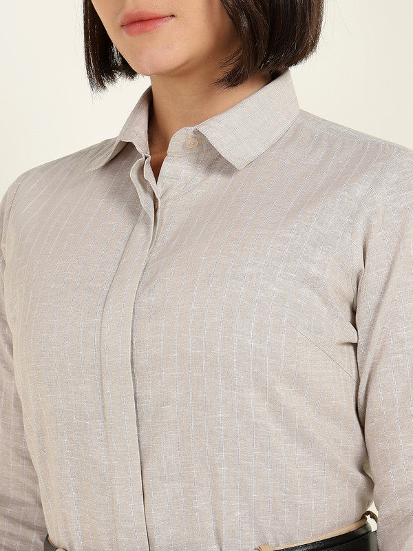 Women Beige Striped Linen Shirt