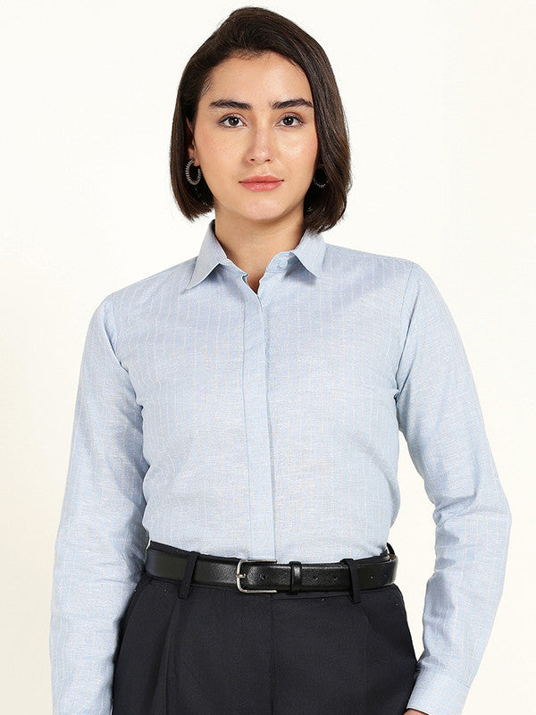 Women Blue Striped Linen Shirt
