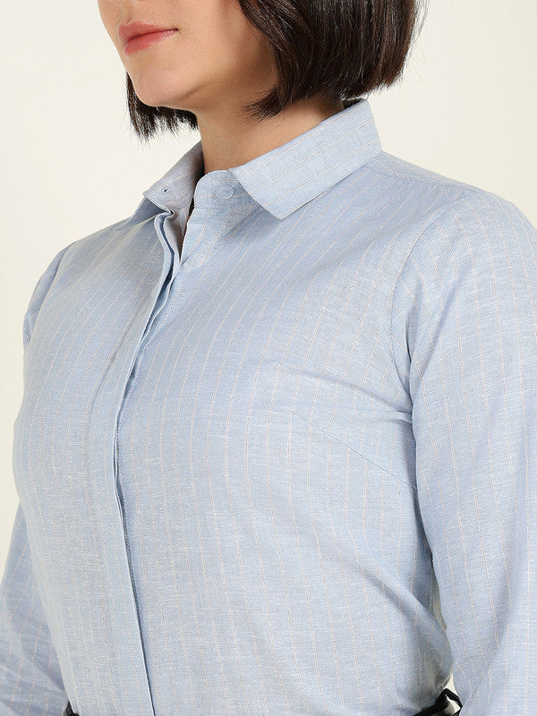 Women Blue Striped Linen Shirt