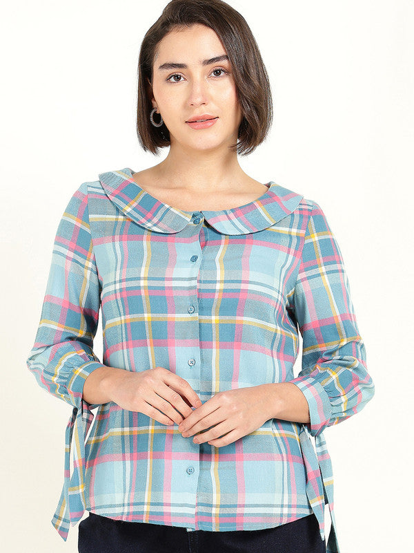 Women Blue & Pink Checked Peter Pan Collar Pure Cotton Shirt