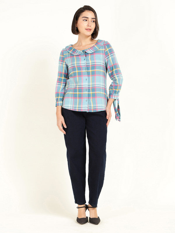 Women Blue & Pink Checked Peter Pan Collar Pure Cotton Shirt