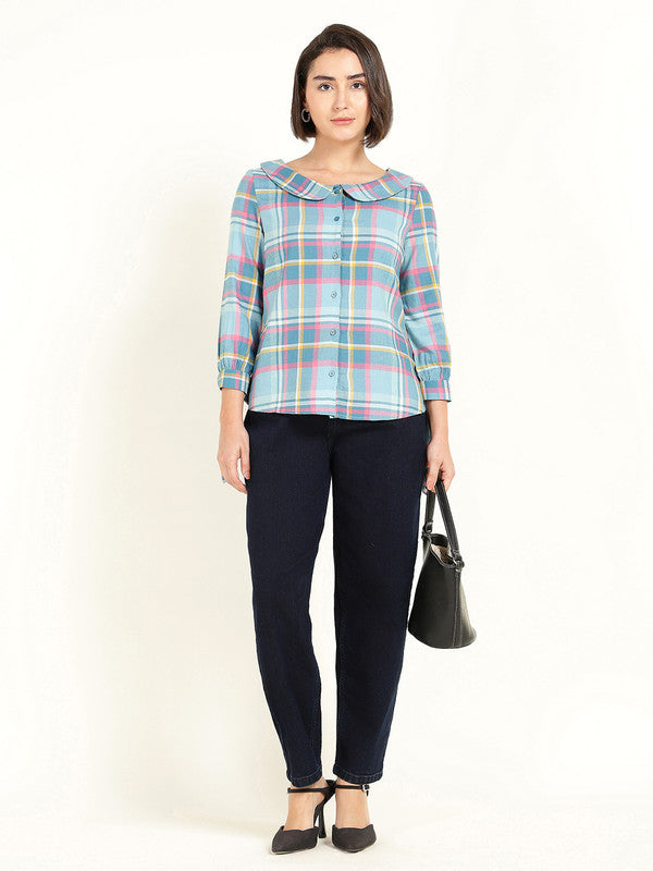 Women Blue & Pink Checked Peter Pan Collar Pure Cotton Shirt