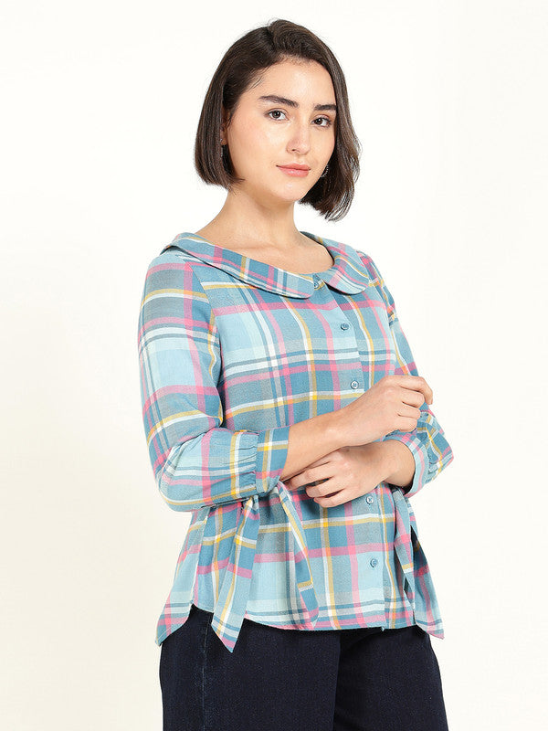 Women Blue & Pink Checked Peter Pan Collar Pure Cotton Shirt