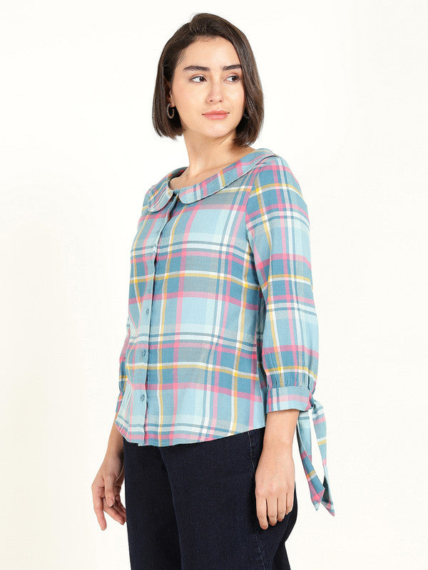 Women Blue & Pink Checked Peter Pan Collar Pure Cotton Shirt