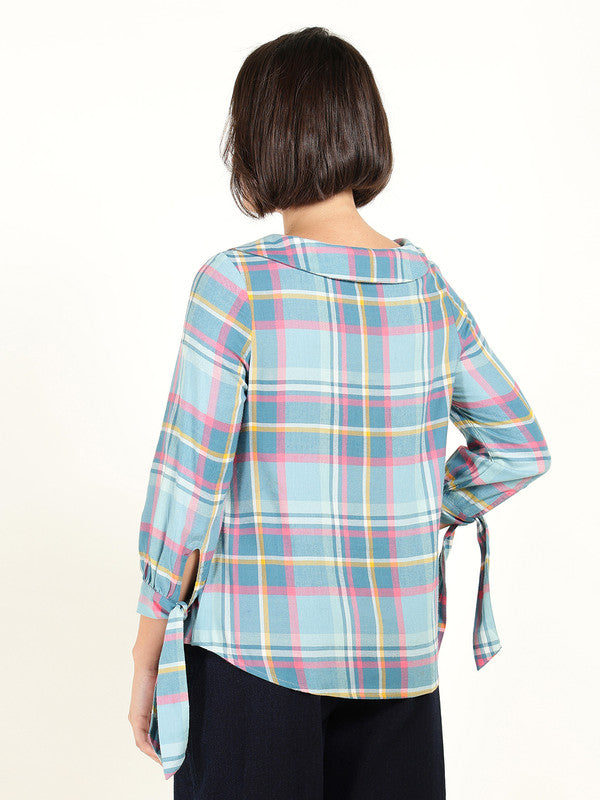 Women Blue & Pink Checked Peter Pan Collar Pure Cotton Shirt