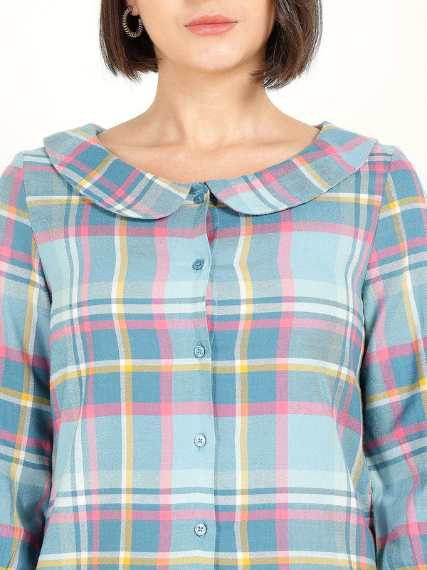 Women Blue & Pink Checked Peter Pan Collar Pure Cotton Shirt