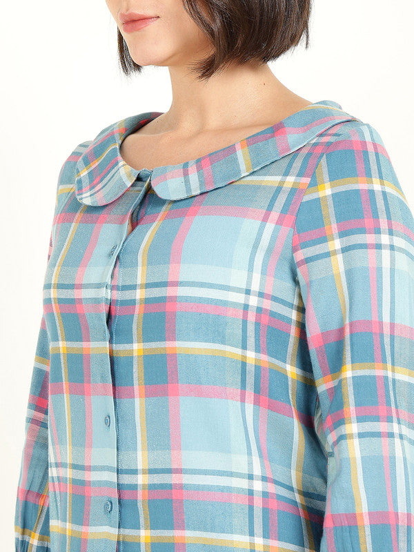 Women Blue & Pink Checked Peter Pan Collar Pure Cotton Shirt