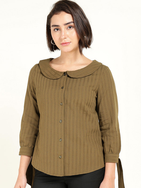 Women Olive Self Design Striped Peter Pan Collar Pure Cotton Shirt