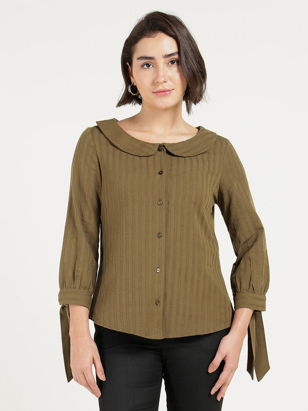 Women Olive Self Design Striped Peter Pan Collar Pure Cotton Shirt