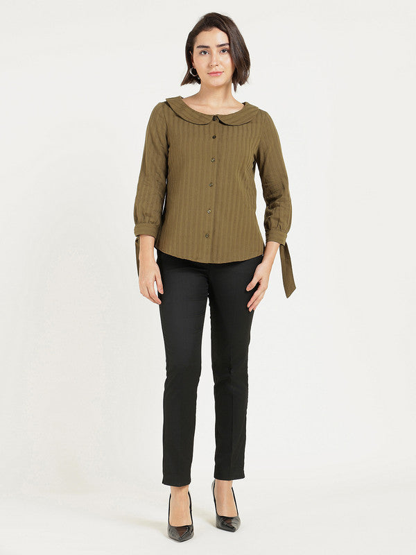 Women Olive Self Design Striped Peter Pan Collar Pure Cotton Shirt