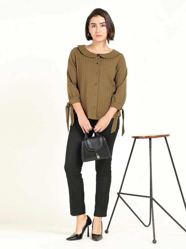 Women Olive Self Design Striped Peter Pan Collar Pure Cotton Shirt