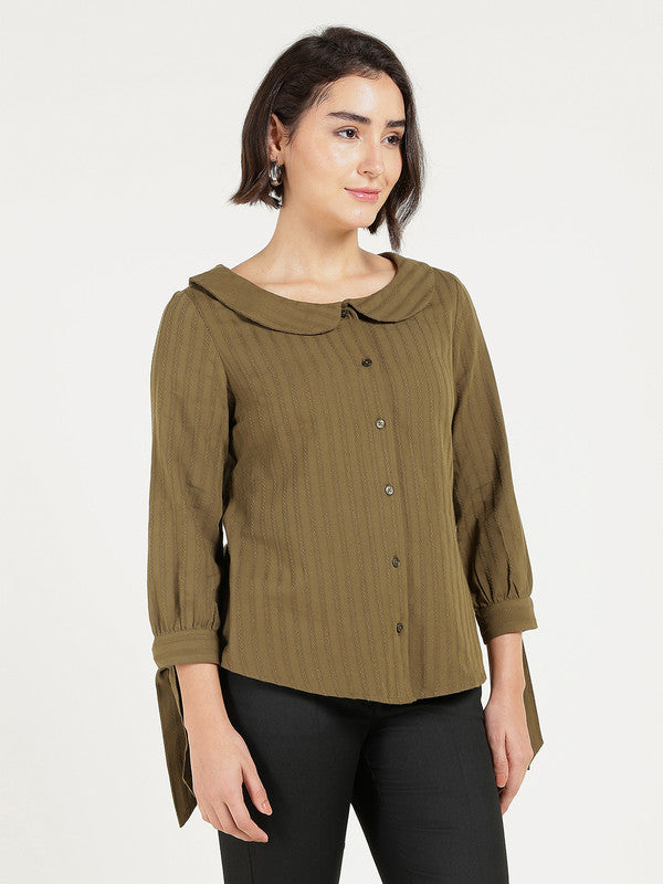 Women Olive Self Design Striped Peter Pan Collar Pure Cotton Shirt