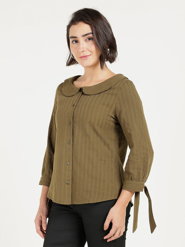 Women Olive Self Design Striped Peter Pan Collar Pure Cotton Shirt