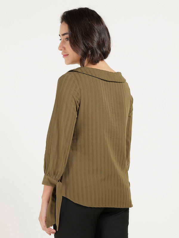 Women Olive Self Design Striped Peter Pan Collar Pure Cotton Shirt