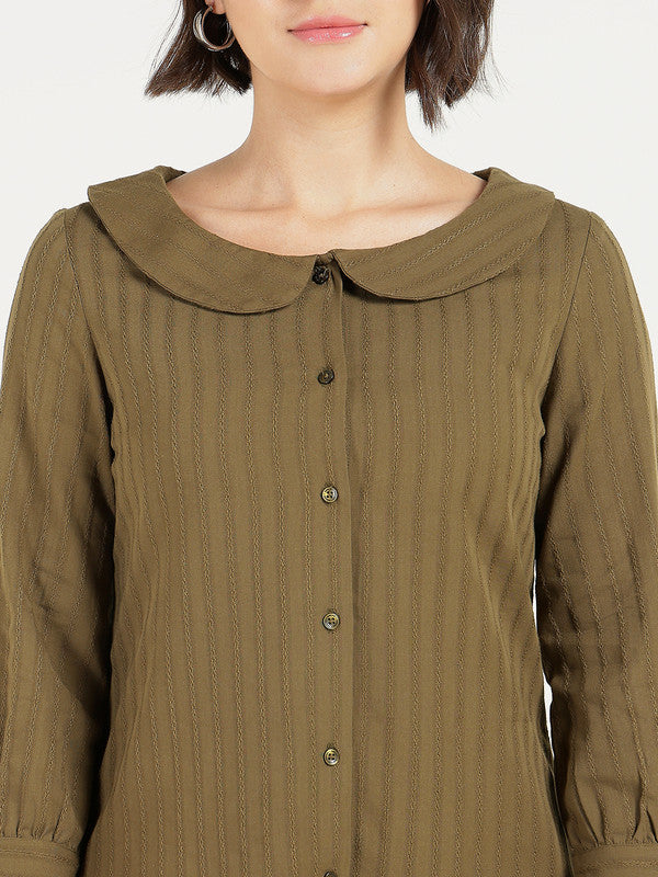 Women Olive Self Design Striped Peter Pan Collar Pure Cotton Shirt