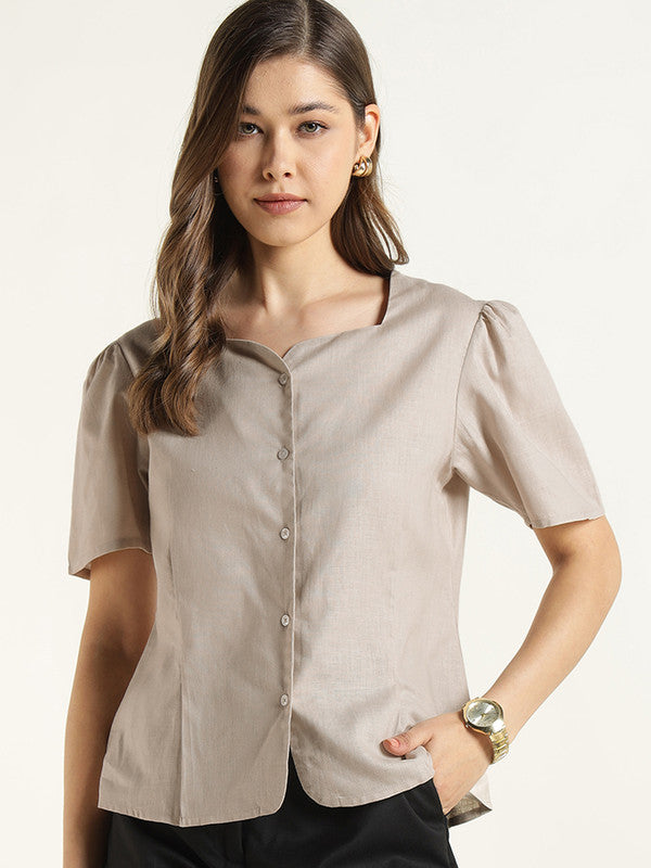 Women Beige Solid Linen Regular Fit Formal Shirt
