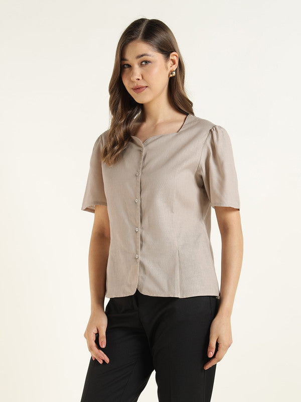 Women Beige Solid Linen Regular Fit Formal Shirt