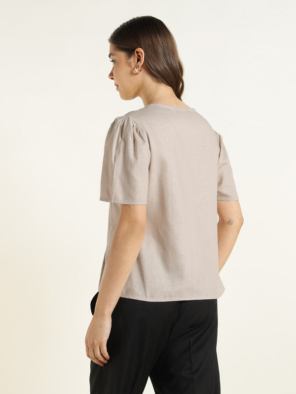 Women Beige Solid Linen Regular Fit Formal Shirt