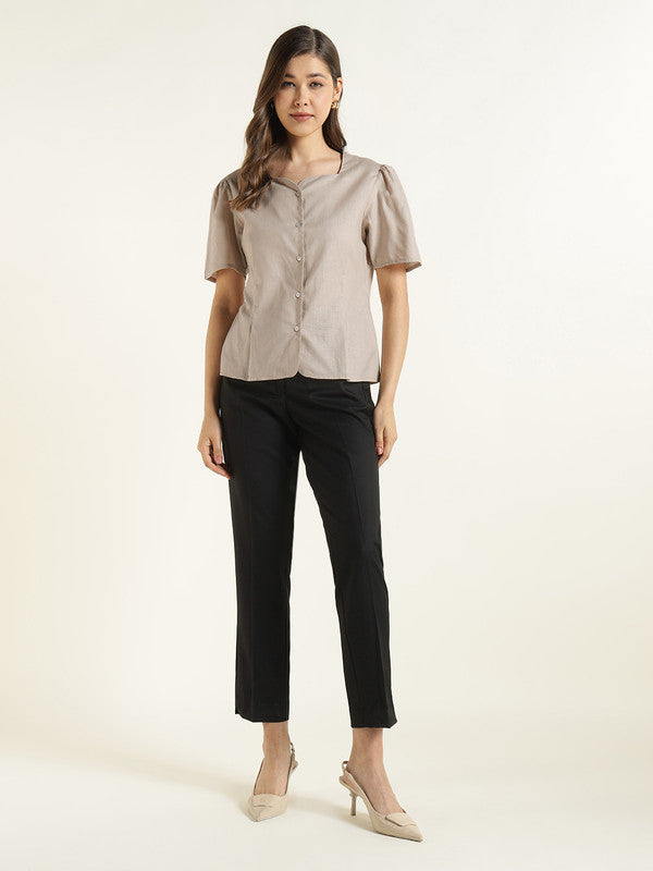 Women Beige Solid Linen Regular Fit Formal Shirt