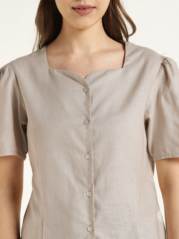 Women Beige Solid Linen Regular Fit Formal Shirt