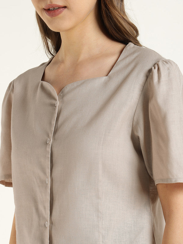 Women Beige Solid Linen Regular Fit Formal Shirt