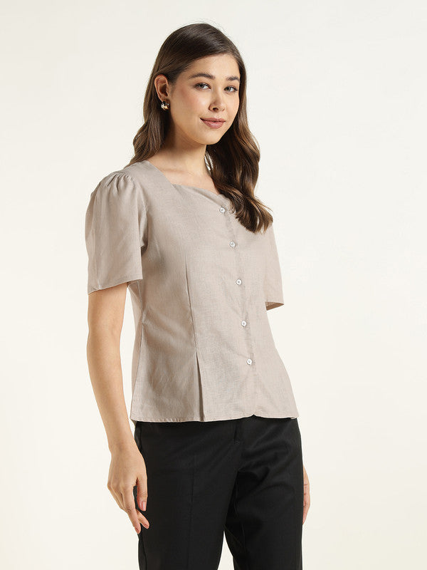 Women Beige Solid Linen Regular Fit Formal Shirt