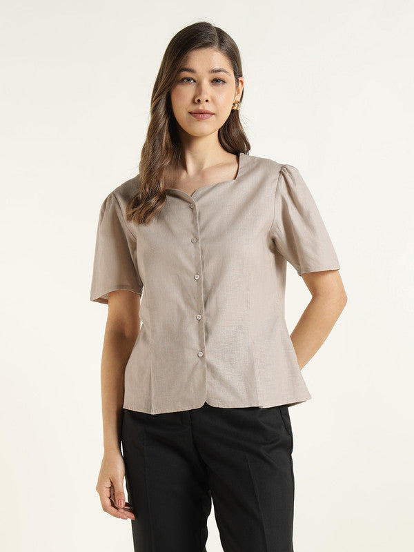 Women Beige Solid Linen Regular Fit Formal Shirt