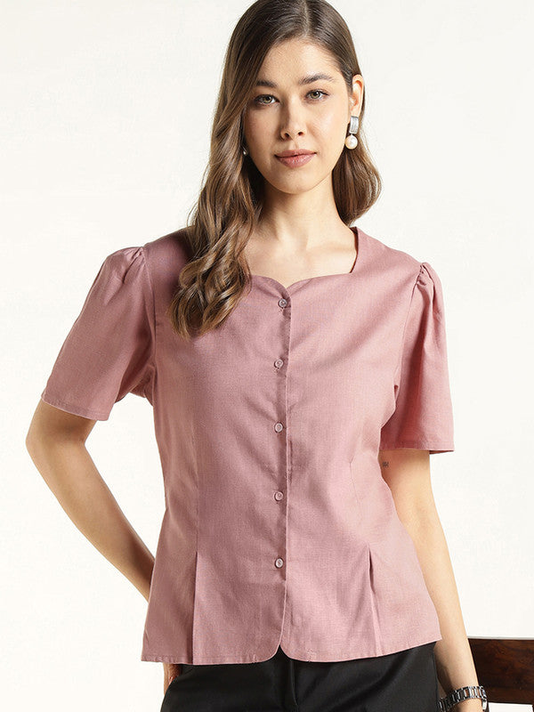 Women Dusty Pink Solid Linen Regular Fit Formal Shirt