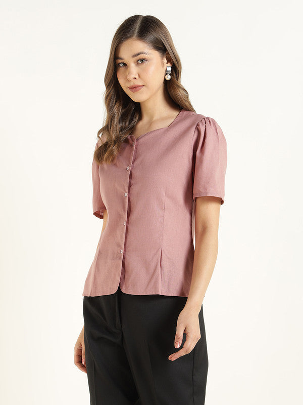 Women Dusty Pink Solid Linen Regular Fit Formal Shirt