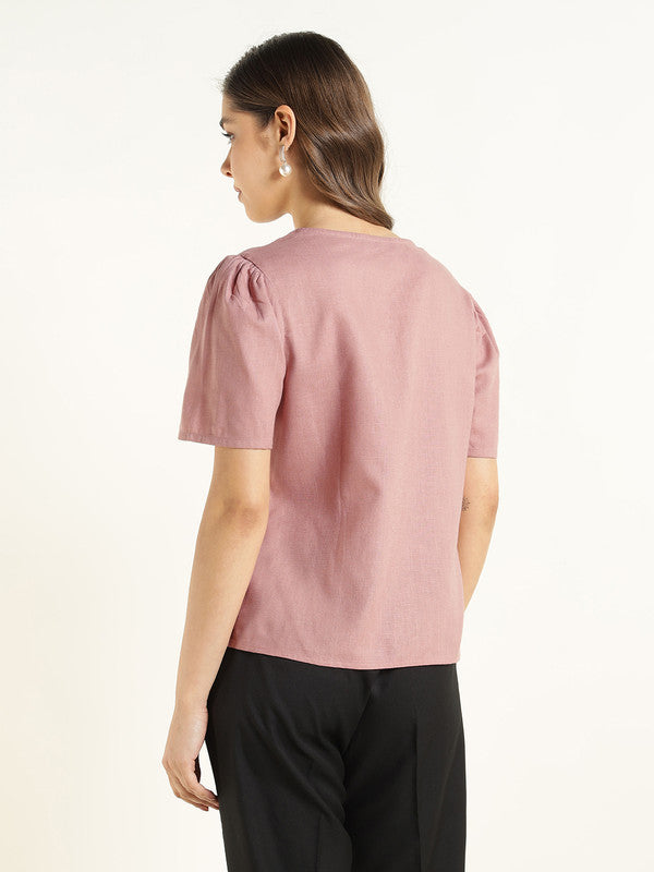 Women Dusty Pink Solid Linen Regular Fit Formal Shirt