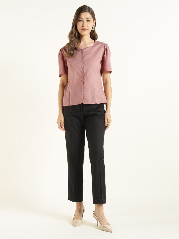 Women Dusty Pink Solid Linen Regular Fit Formal Shirt