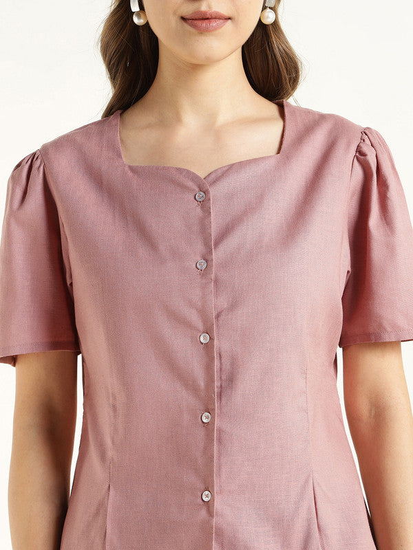 Women Dusty Pink Solid Linen Regular Fit Formal Shirt