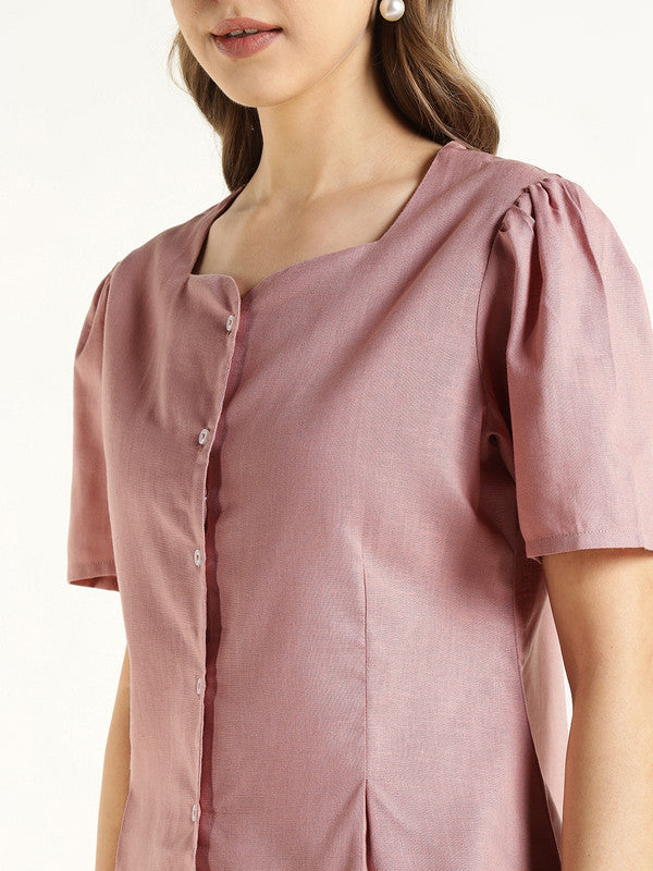 Women Dusty Pink Solid Linen Regular Fit Formal Shirt