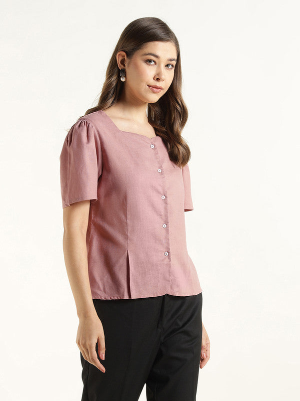 Women Dusty Pink Solid Linen Regular Fit Formal Shirt