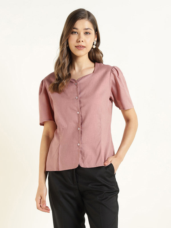 Women Dusty Pink Solid Linen Regular Fit Formal Shirt