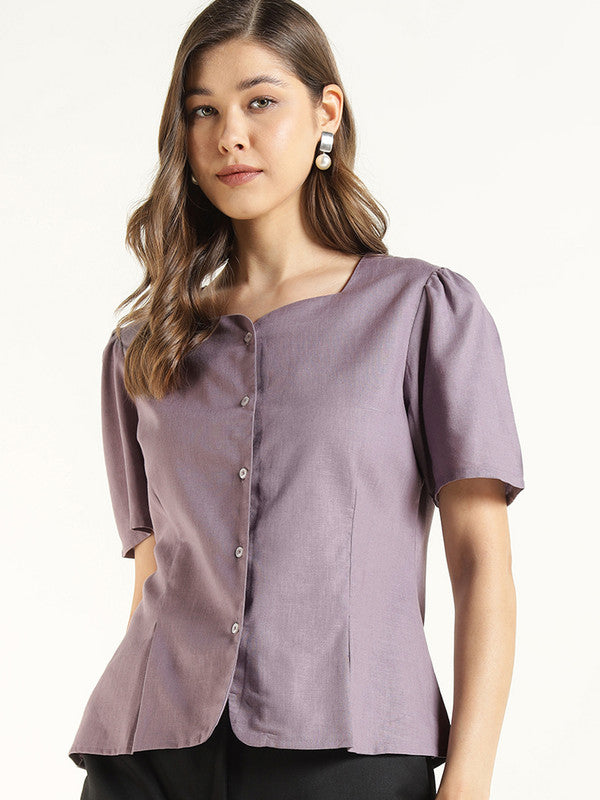 Women Purple Solid Linen Regular Fit Formal Shirt