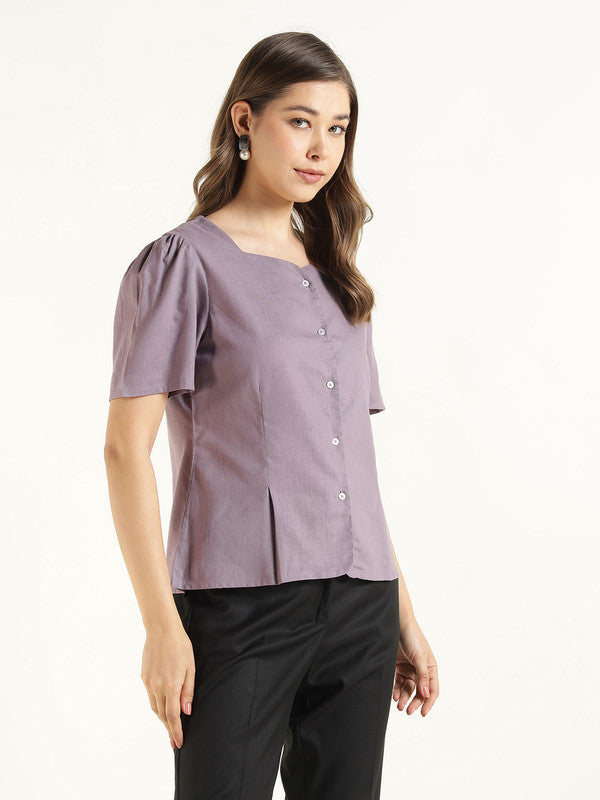 Women Purple Solid Linen Regular Fit Formal Shirt