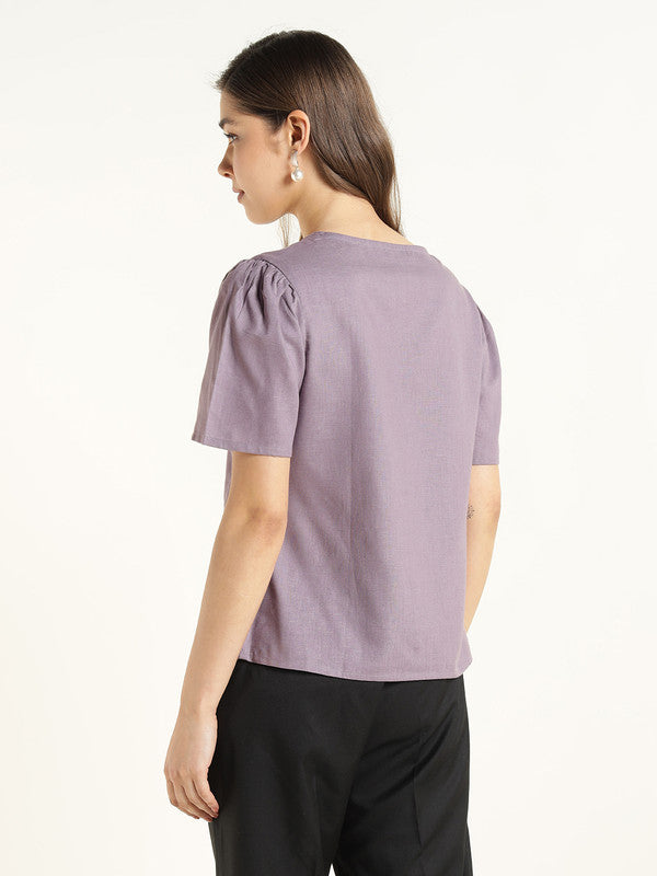 Women Purple Solid Linen Regular Fit Formal Shirt