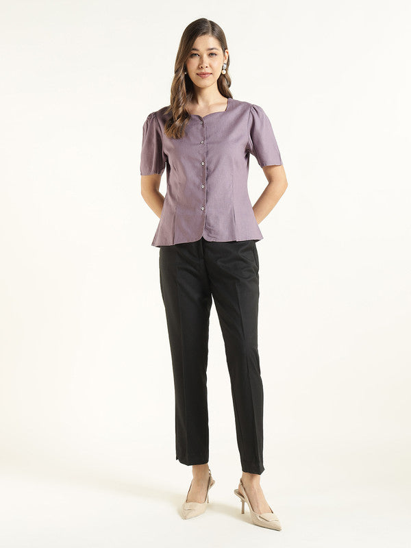 Women Purple Solid Linen Regular Fit Formal Shirt