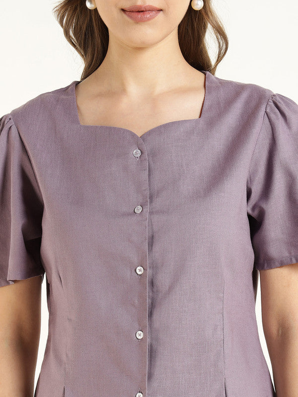 Women Purple Solid Linen Regular Fit Formal Shirt