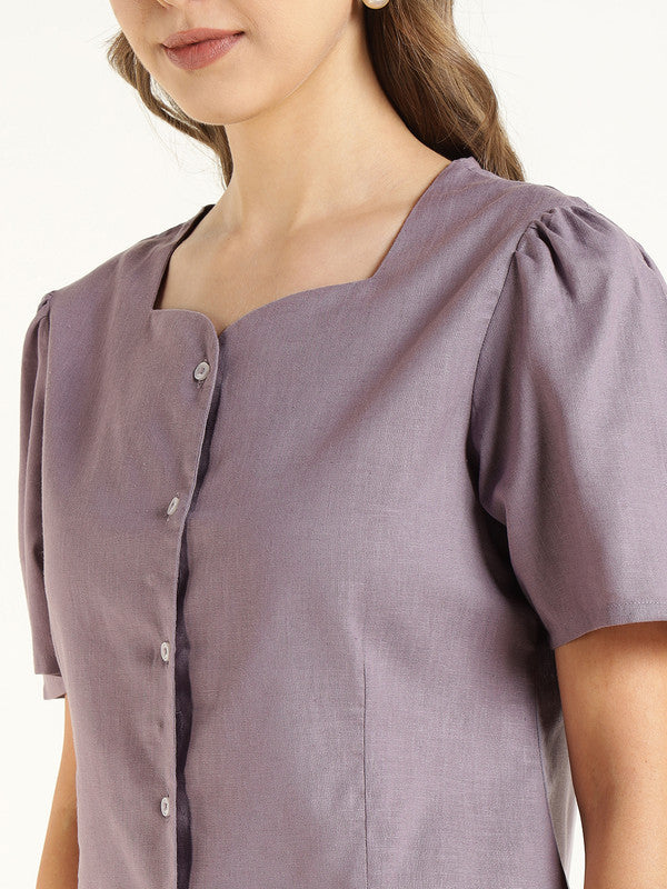 Women Purple Solid Linen Regular Fit Formal Shirt