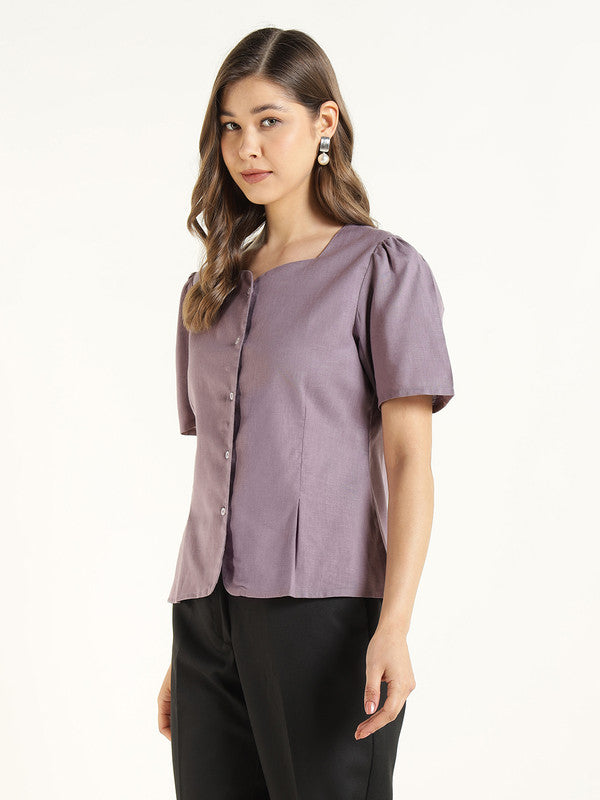 Women Purple Solid Linen Regular Fit Formal Shirt
